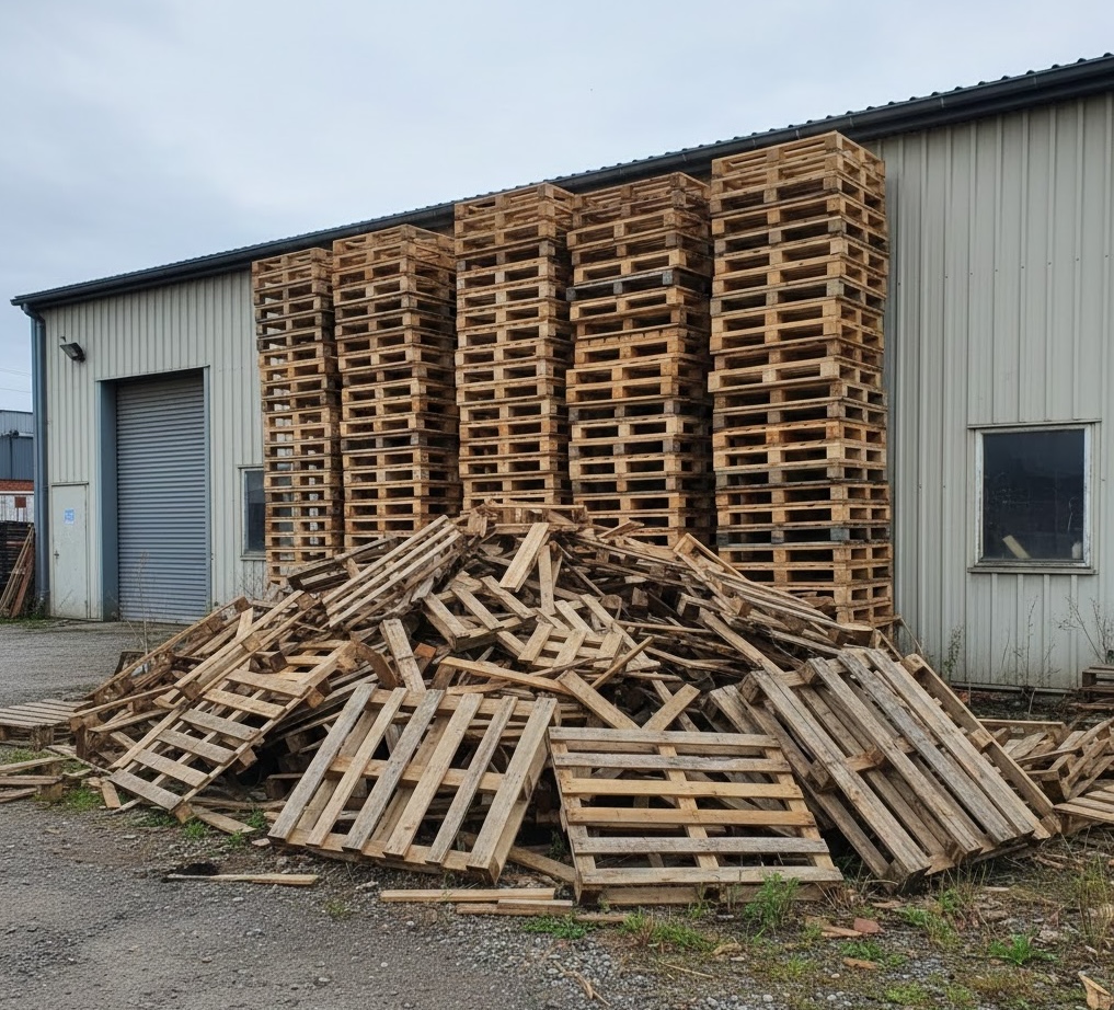 Pallets stacked outside our facility ready for processing