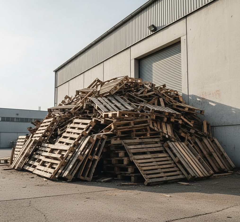 Pile of pallets ready for recycling at our facility